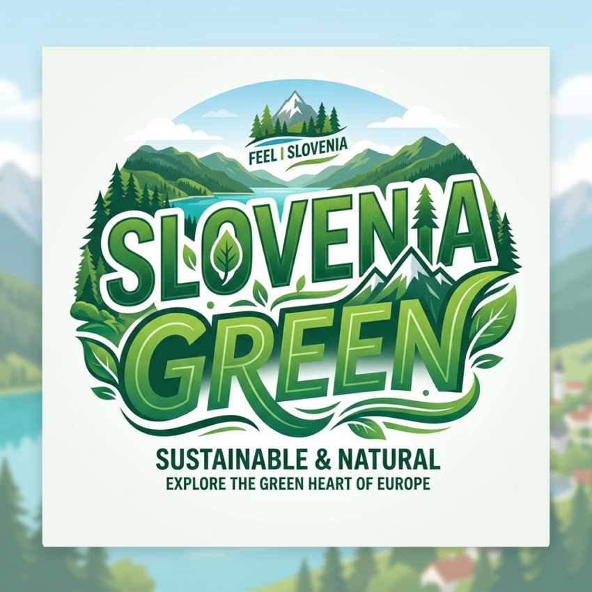 Illustrated logo with mountains, trees, and text promoting Slovenia as sustainable and natural